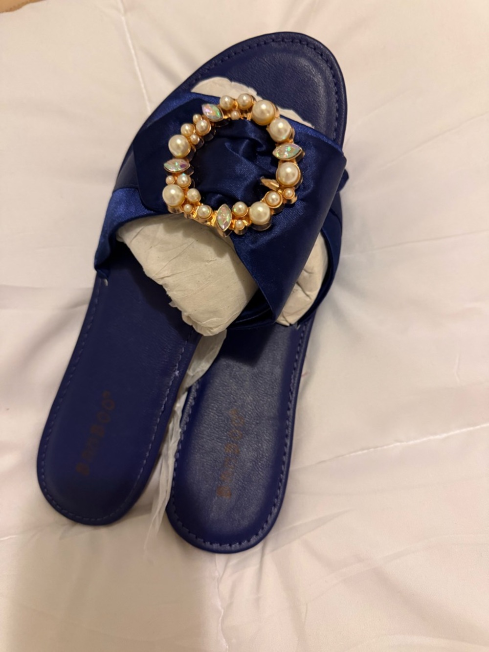 BAMBOO Navy Satin Slide Sandals with Pearl & Crystal Ring